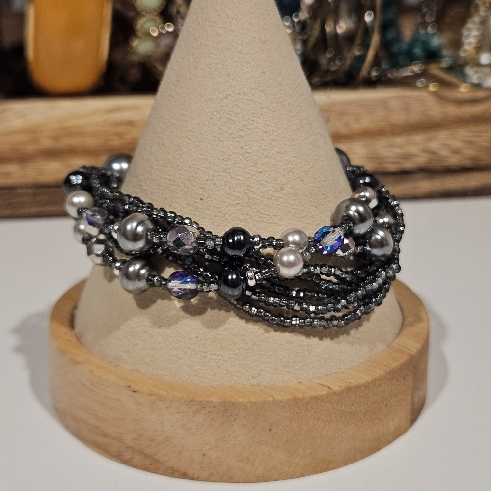Napier Black and Silver Beaded Bracelet Multi-Strand Faux Pearl Women's Jewelry